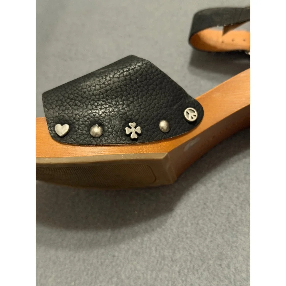 Lucky Brand Black Leather Wooden Block Heel Studded Ankle Strap Sandals 7M 37.5